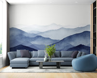 Elegant misty blue mountain mural for peaceful walls



