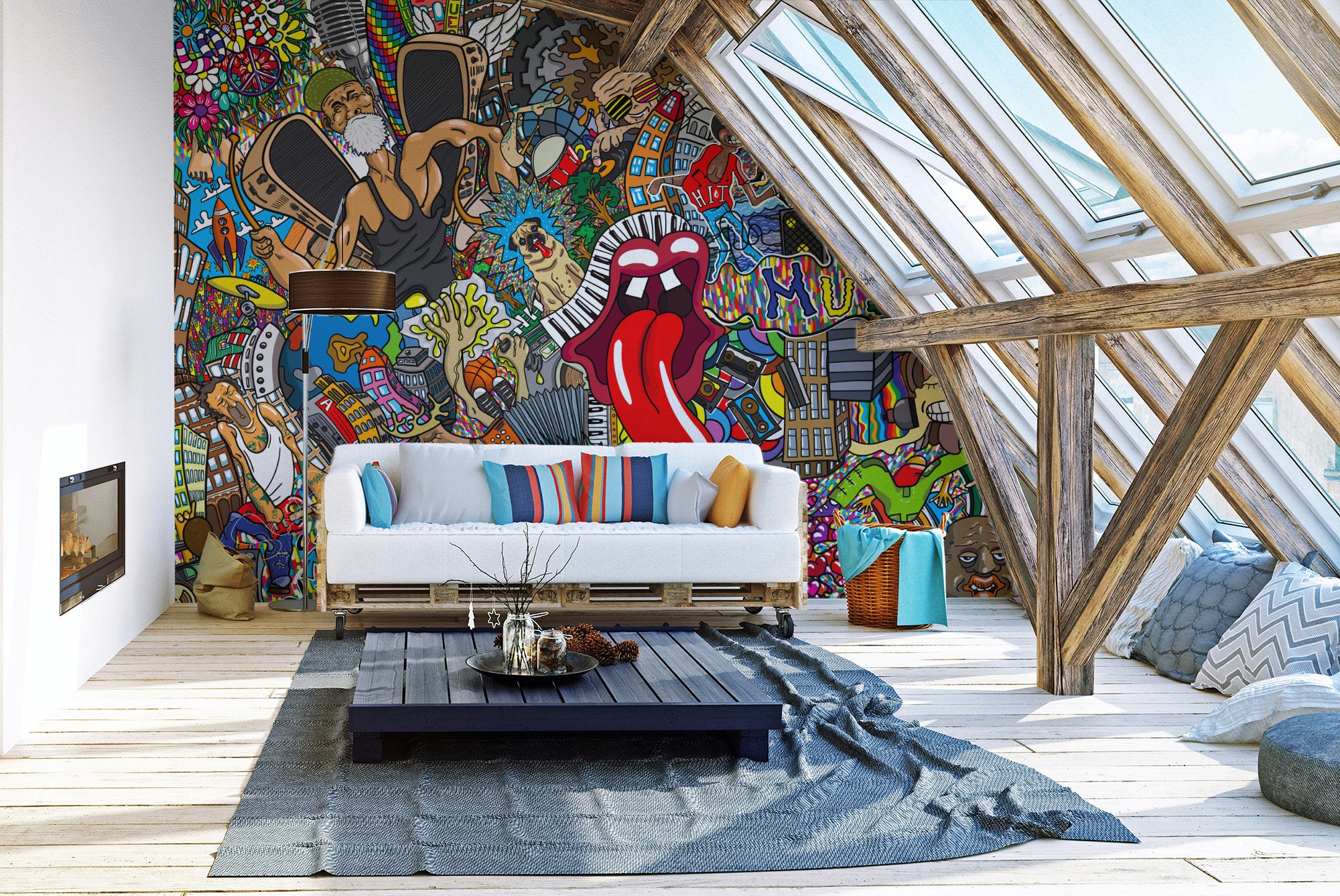 Music-themed city mural with vibrant colors
