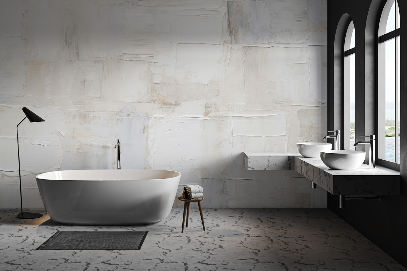 White textured plaster effect wallpaper for modern walls
