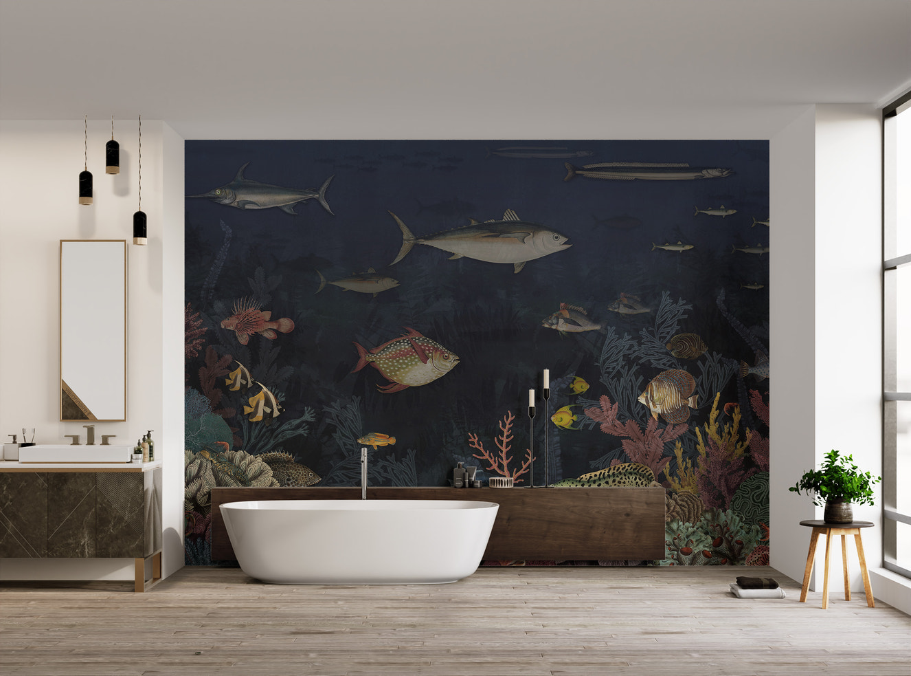 Vibrant ocean mural with fish and coral design