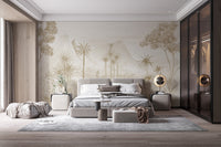Sepia jungle wallpaper mural with vintage-inspired botanical design
