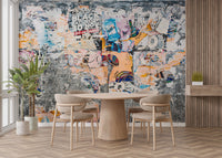 Vintage collage mural with layered wall art
