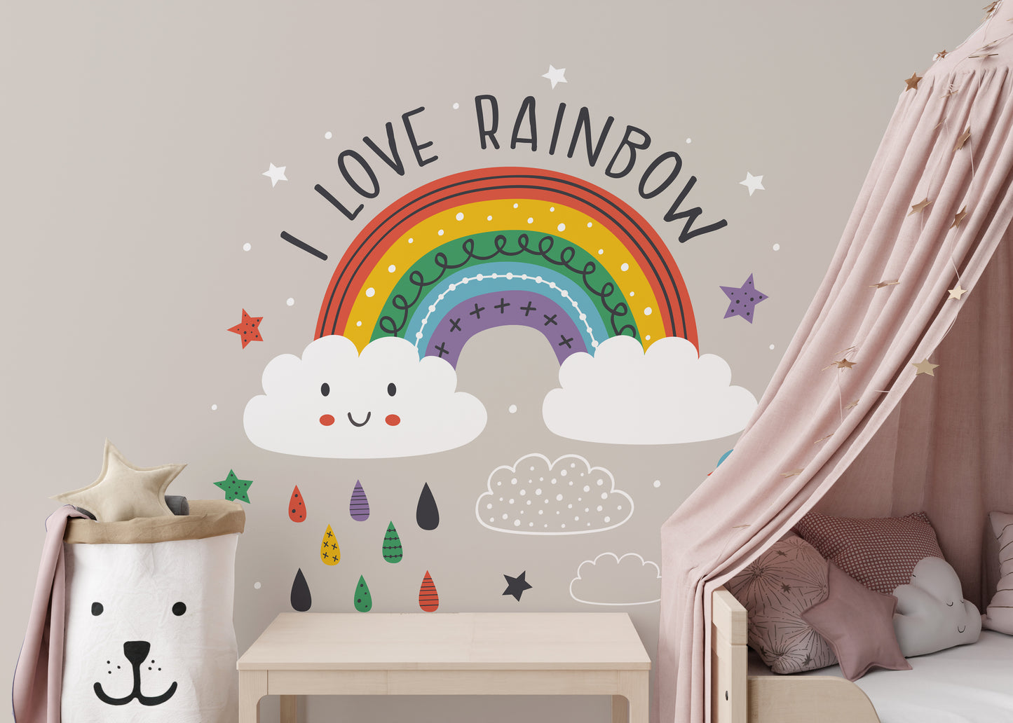 Whimsical mural with vibrant rainbow art
