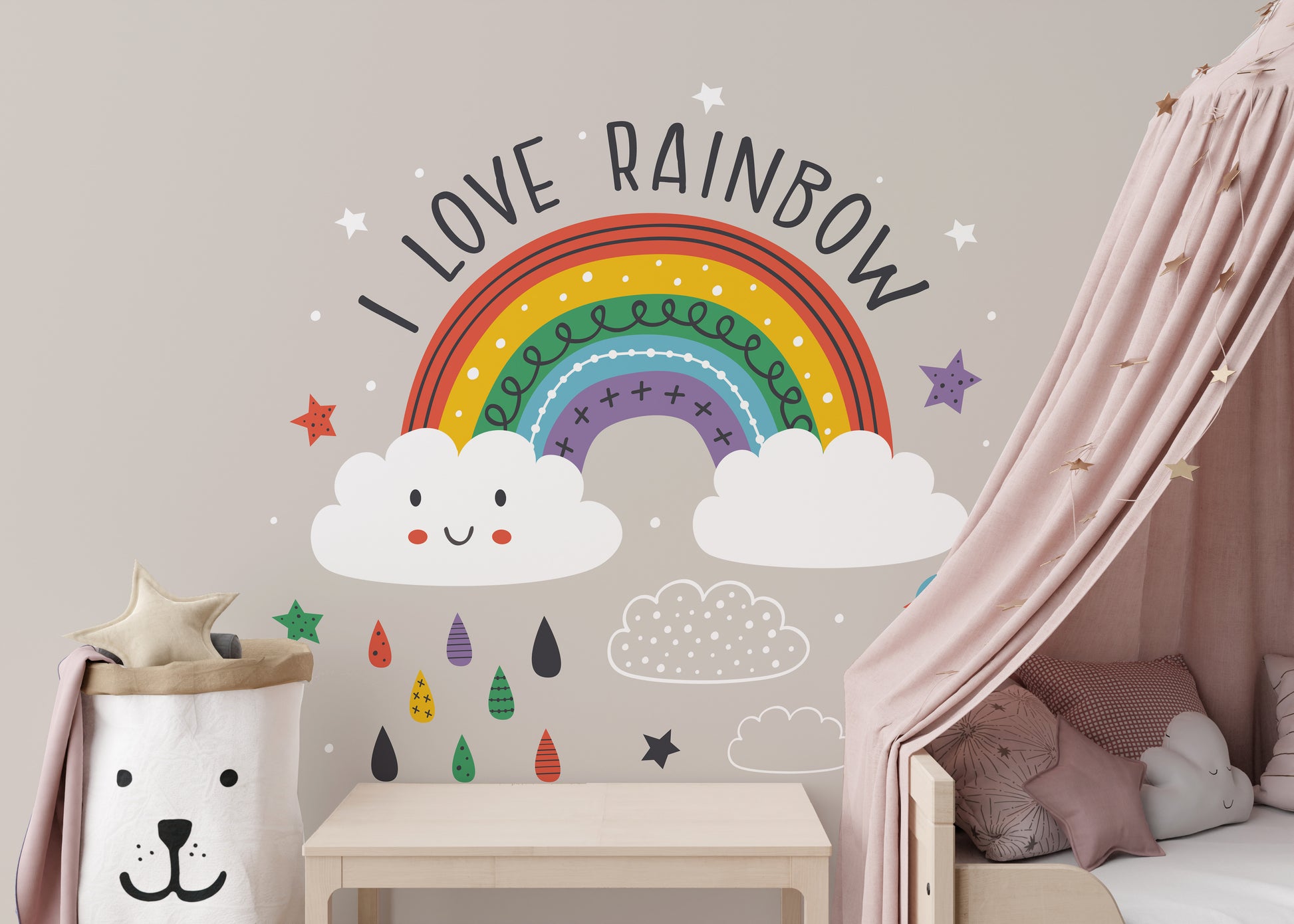 Whimsical mural with vibrant rainbow art
