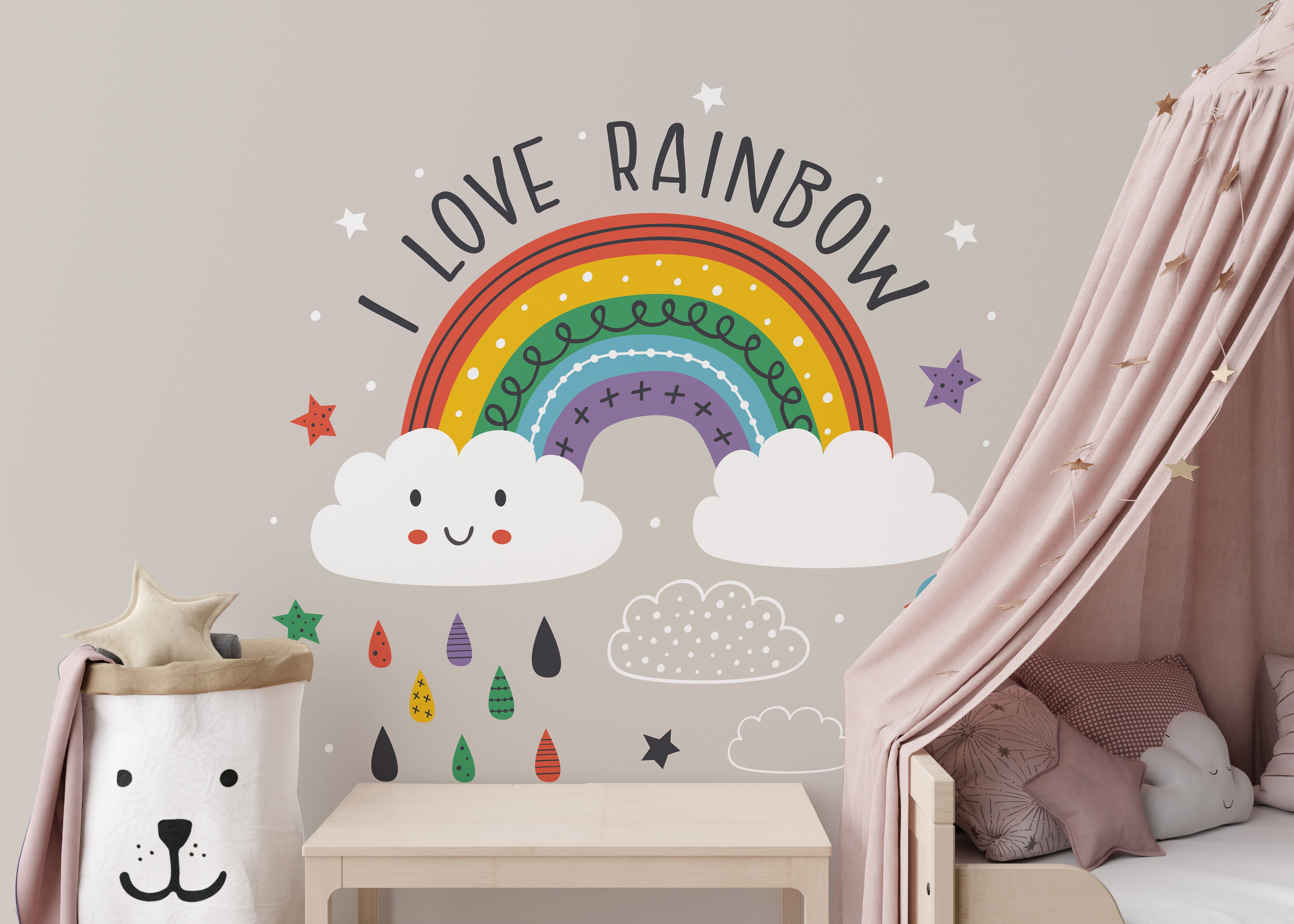 Whimsical mural with vibrant rainbow art
