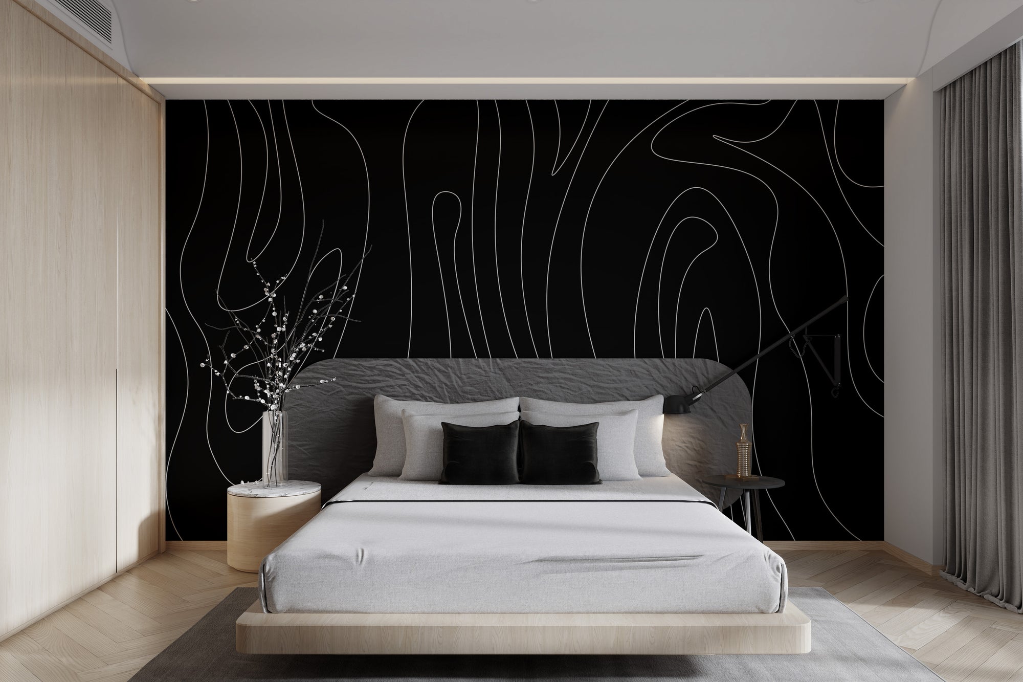 Black abstract wavy line wallpaper with modern design

