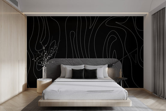 Black abstract wavy line wallpaper with modern design
