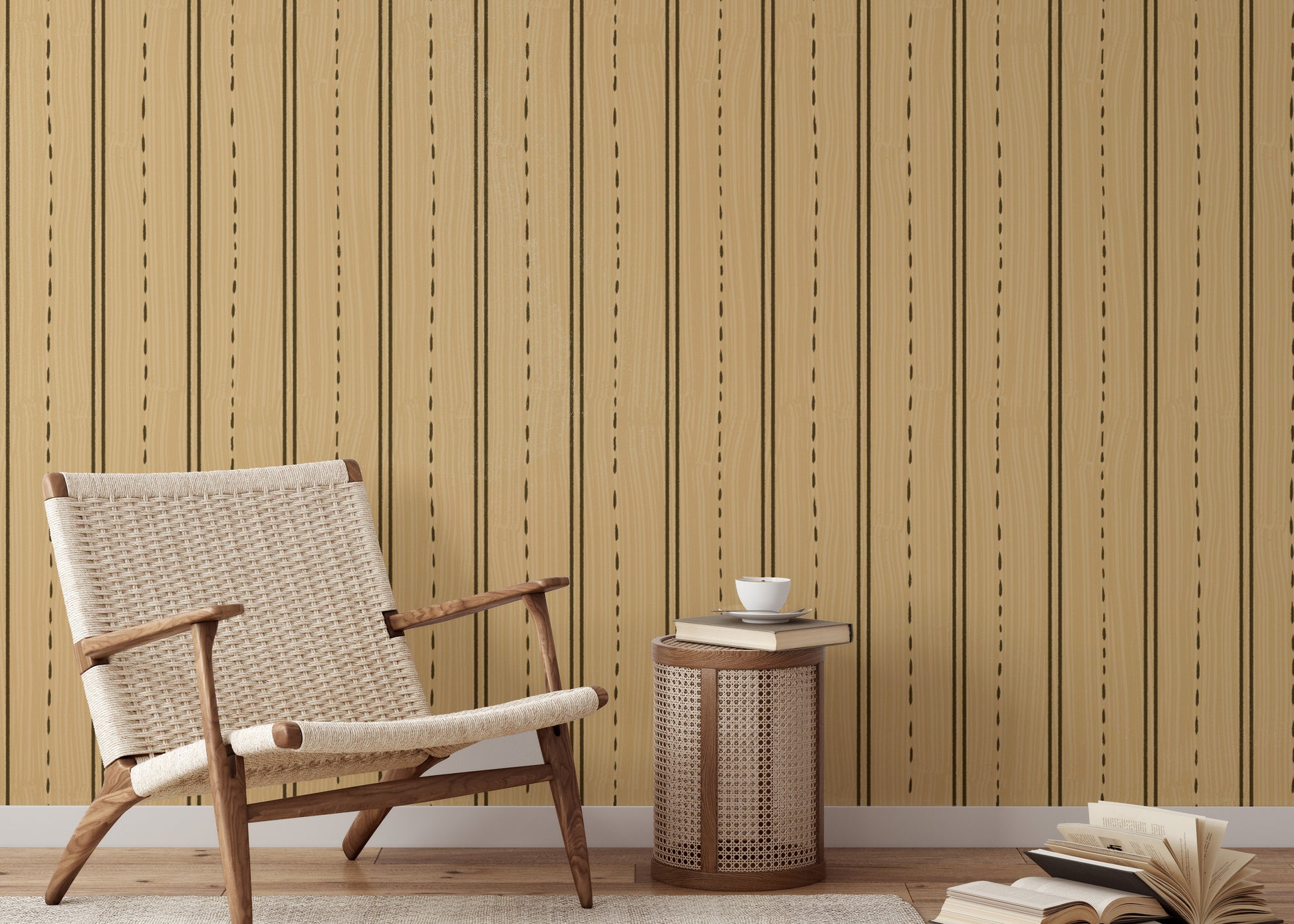 Nature-inspired vertical wooden striped wallpaper for cozy decor
