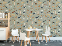 Safari green wallpaper showcasing illustrations of dogs
