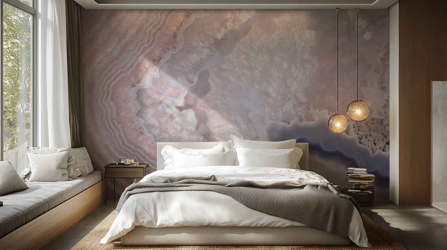 Modern wall mural with a tranquil rose quartz-inspired design
