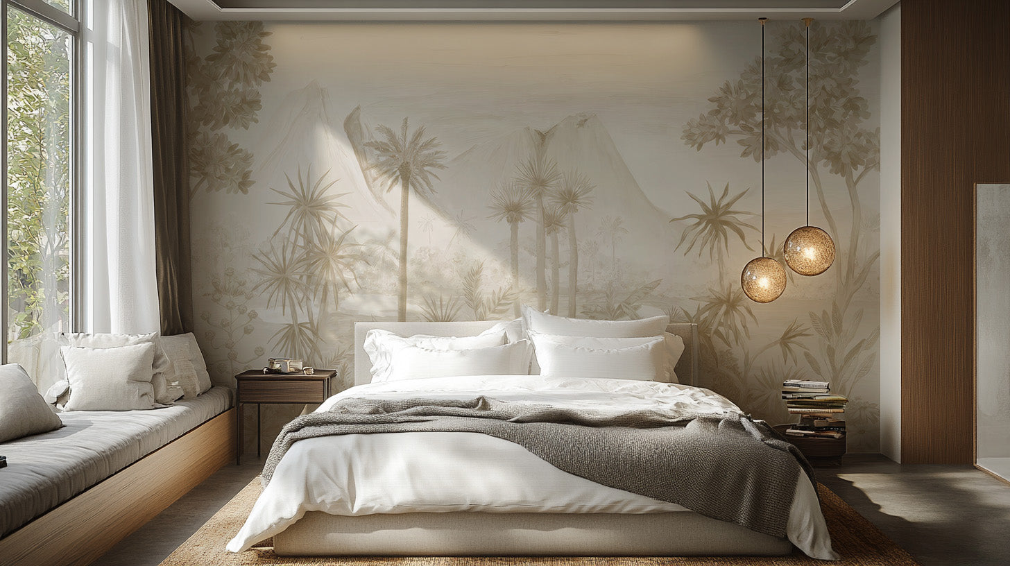 Modern jungle mural with sepia tones and rich botanical patterns

