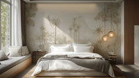 Modern jungle mural with sepia tones and rich botanical patterns
