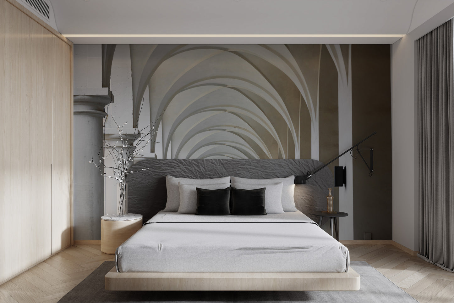 Historic corridor perspective mural in neutral tones
