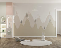 Cozy mountain-themed kids mural wallpaper
