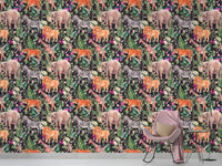 Watercolor jungle animal and floral design for walls