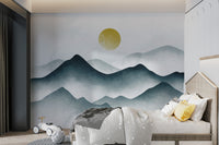 Tranquil watercolor mountain landscape wallpaper for bedrooms
