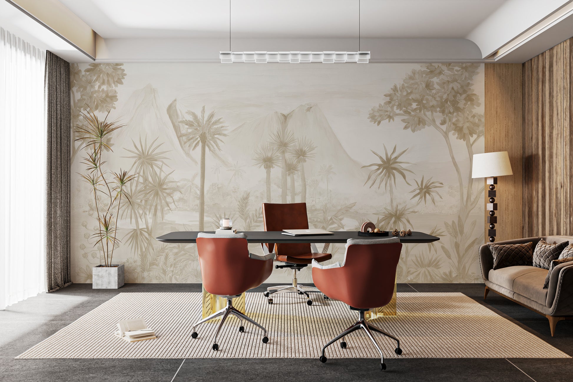 Artistic sepia jungle wallpaper with detailed tropical foliage
