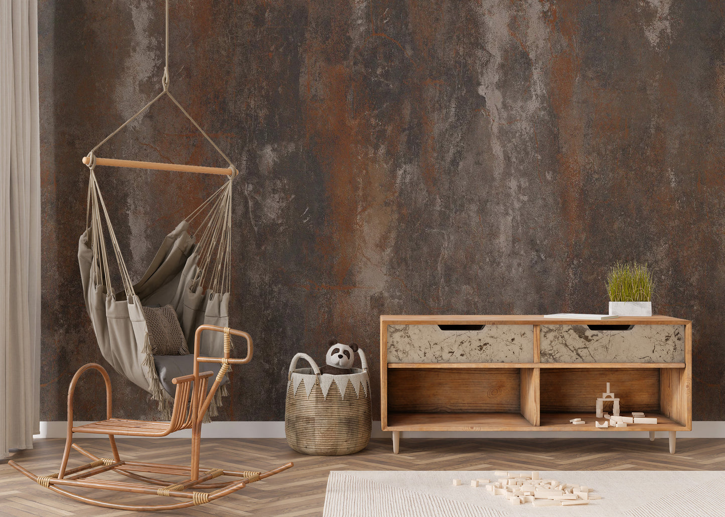 Distressed brown metal effect for a rustic wall style.
