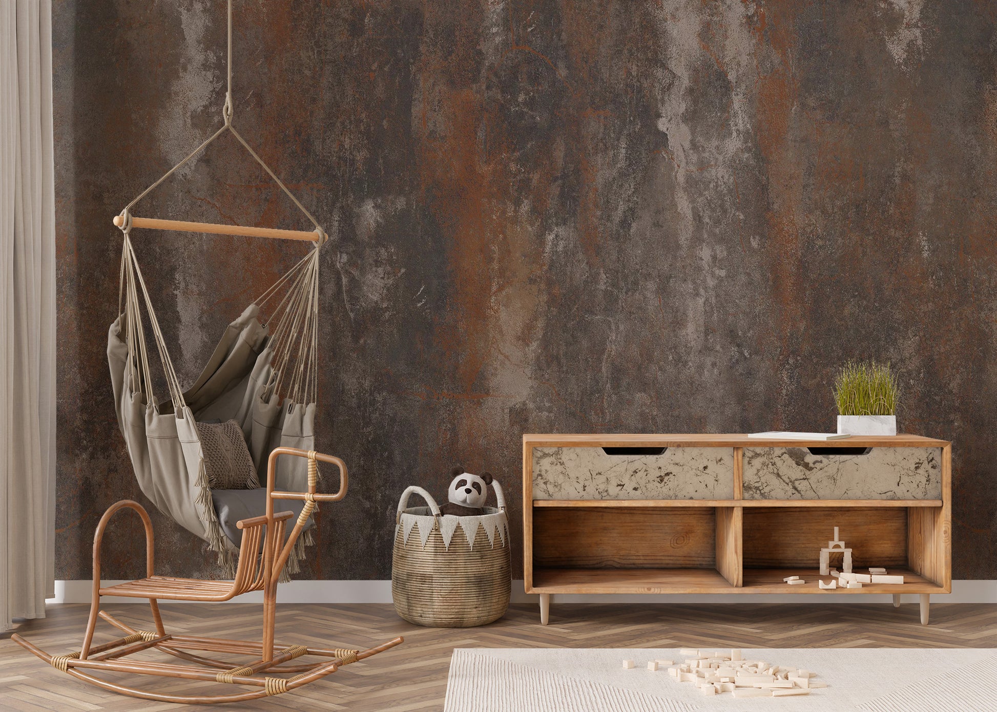 Distressed brown metal effect for a rustic wall style.

