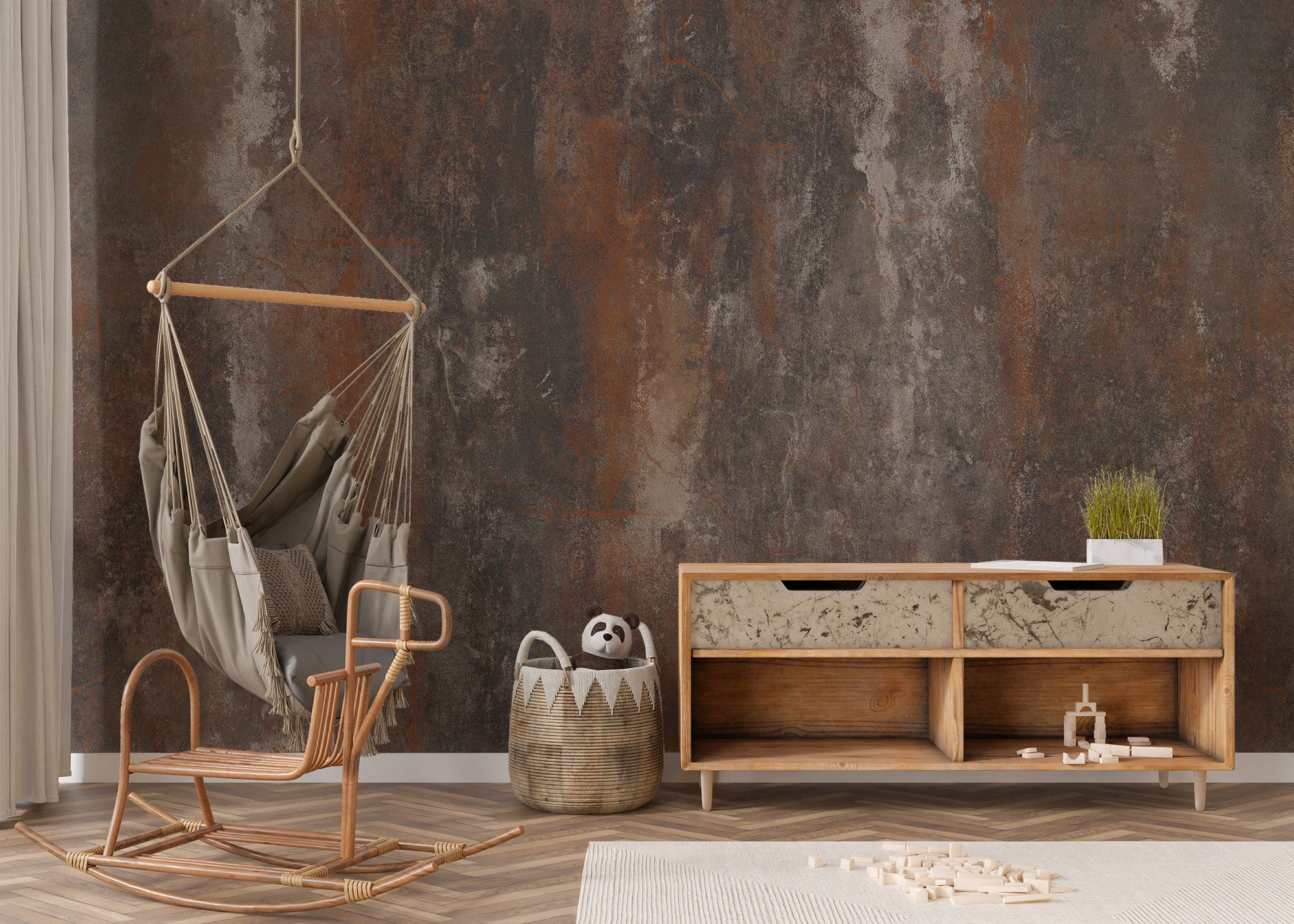 Distressed brown metal effect for a rustic wall style.
