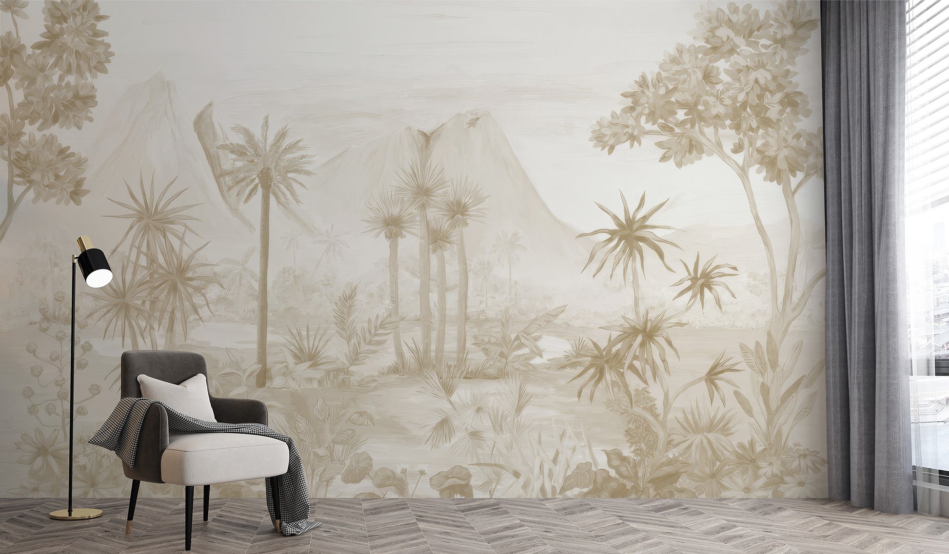 Vintage-style sepia jungle mural with a classic, earthy feel
