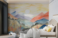 Scenic mountain wall mural with river
