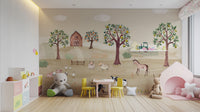 Country farm mural featuring rustic barns and livestock