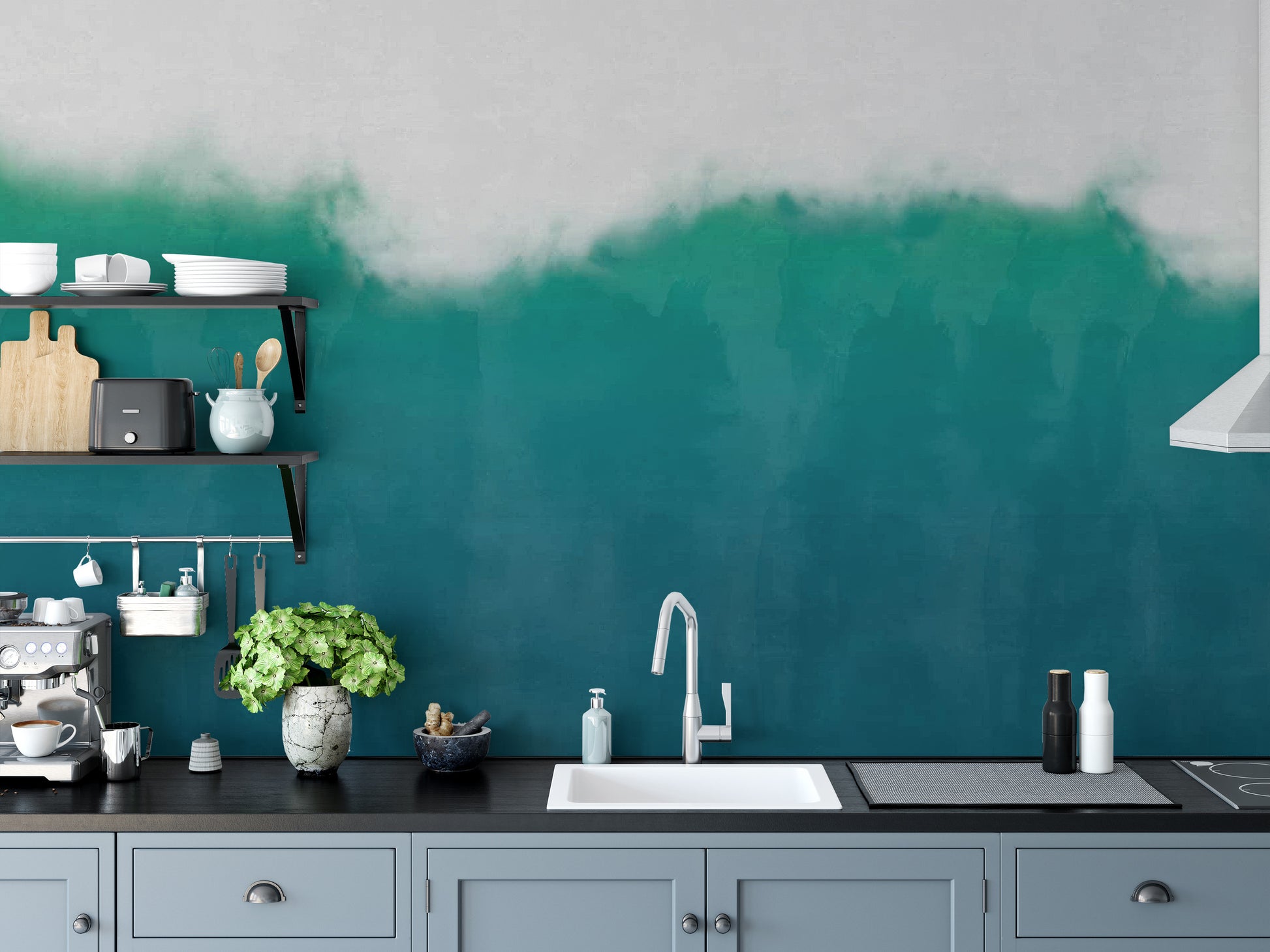Subtle beach mural with a watercolor wash of ocean blues
