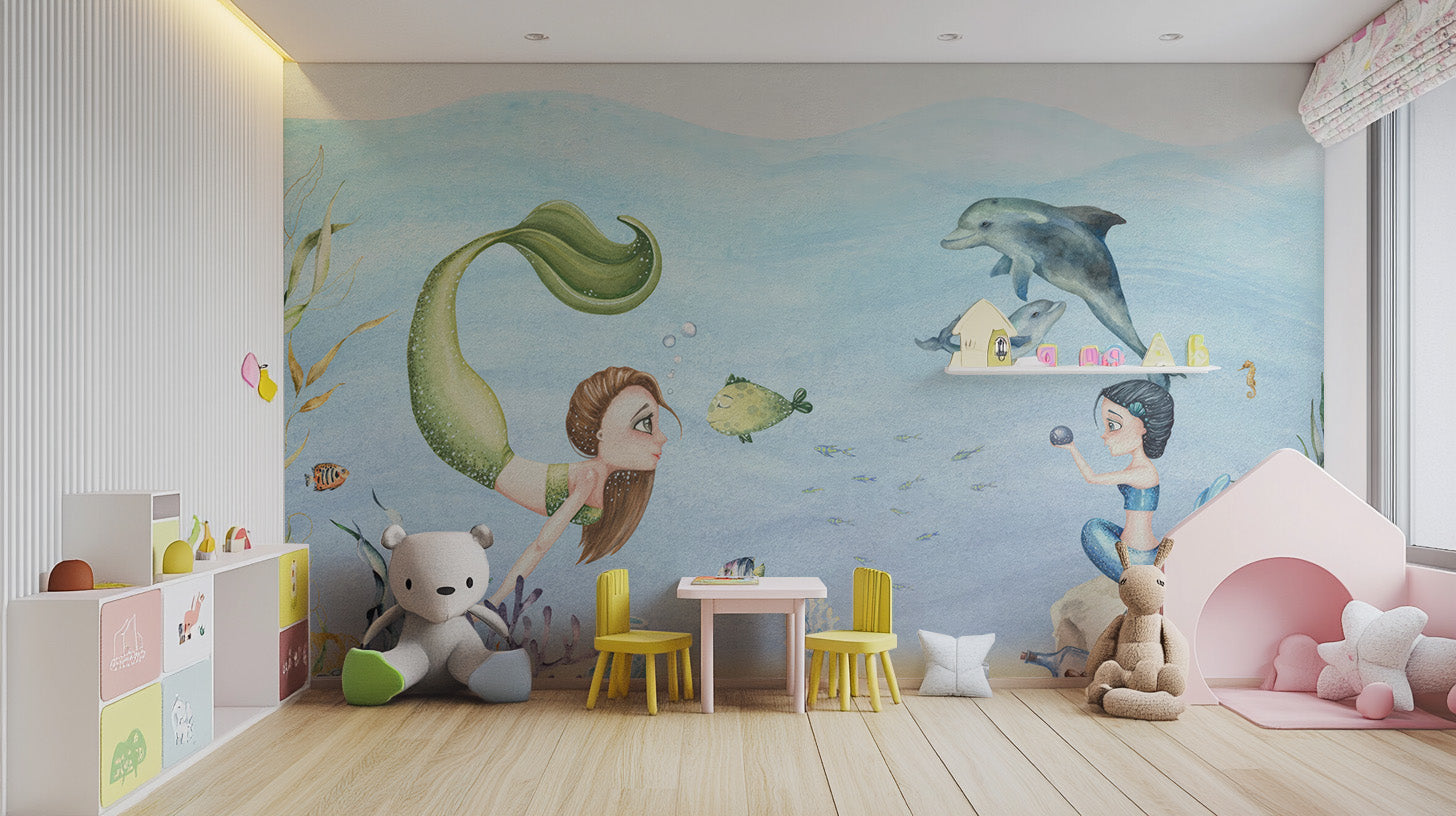 Magical mermaids girls room wallpaper with underwater scenes

