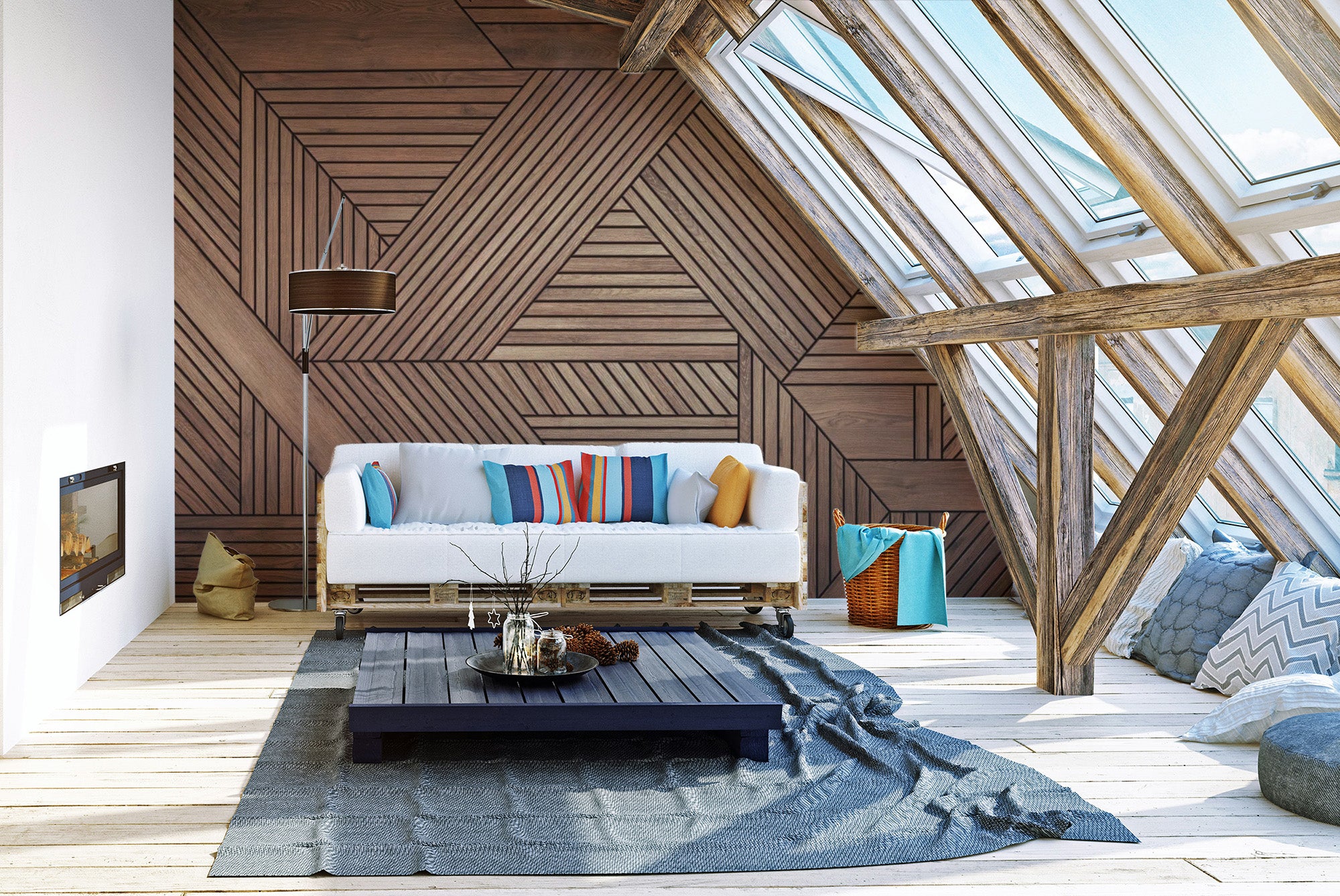 Bold geometric wooden wall mural for contemporary spaces
