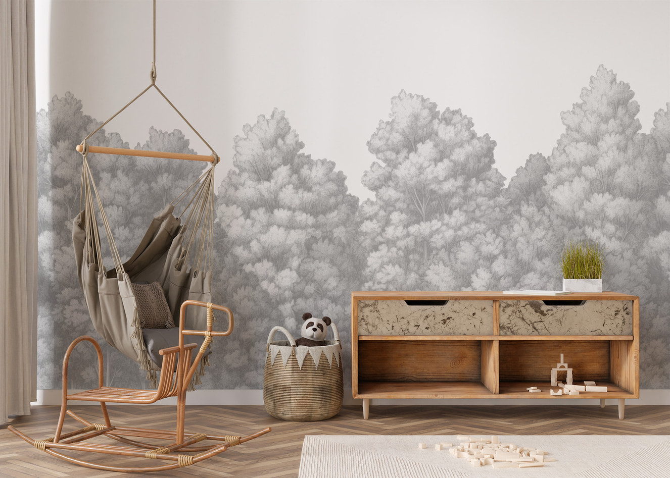 Elegant grey trees wall mural for serene interiors