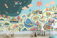 Urban cartoon cityscape wall design




