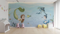 Fantasy-inspired wallpaper featuring mermaids and ocean waves
