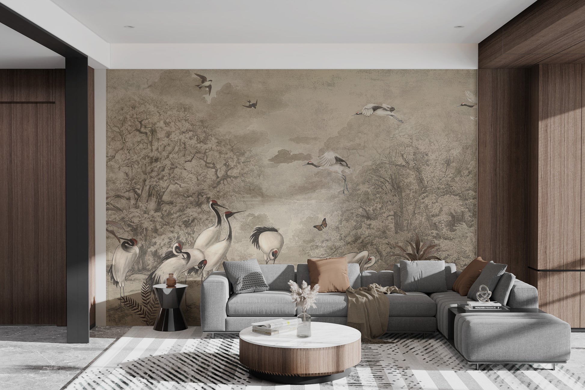 Vintage-style tropical forest wallpaper with birds