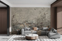 Tropical mural featuring Turkish rooster and wild deer