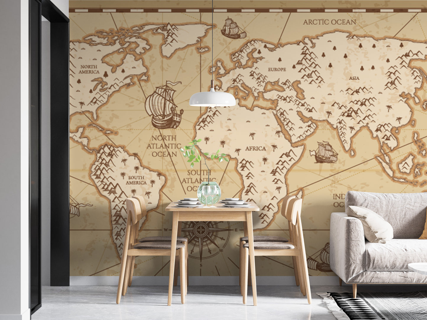 Old world map mural in vintage style wallpaper
