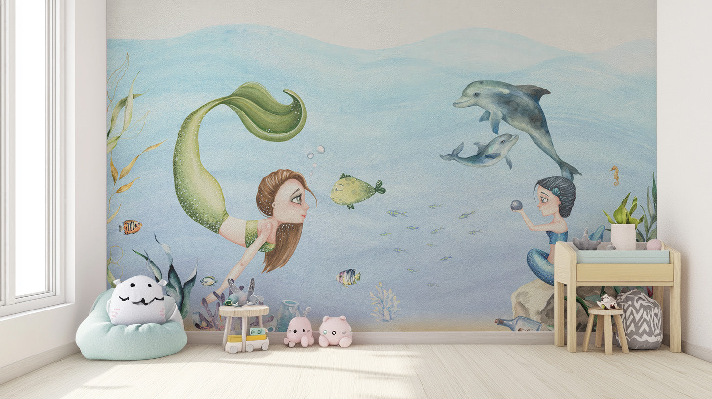 Girls room wallpaper showcasing graceful mermaids in an oceanic world
