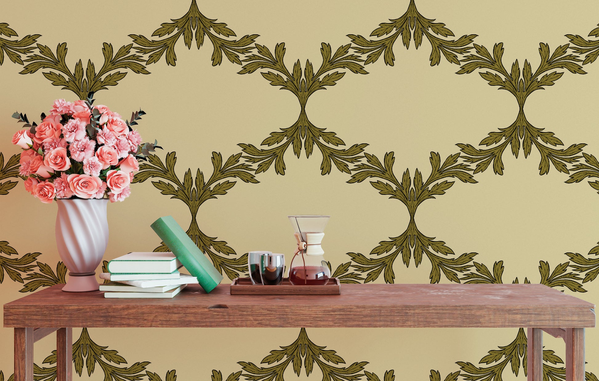 Decorative wallpaper with intricate acanthus leaf patterns
