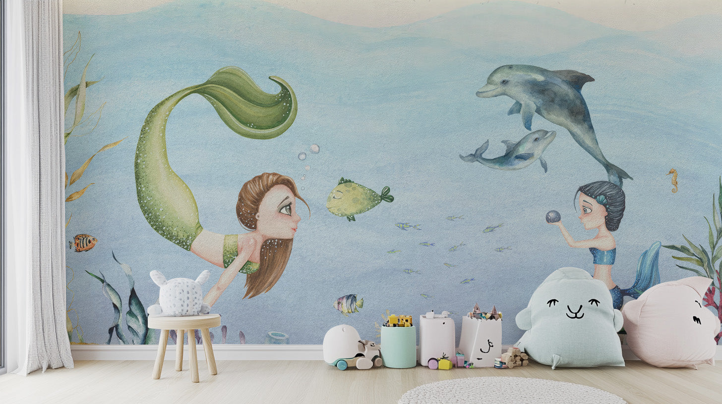 Whimsical mermaid wallpaper with a dreamy sea backdrop for kids
