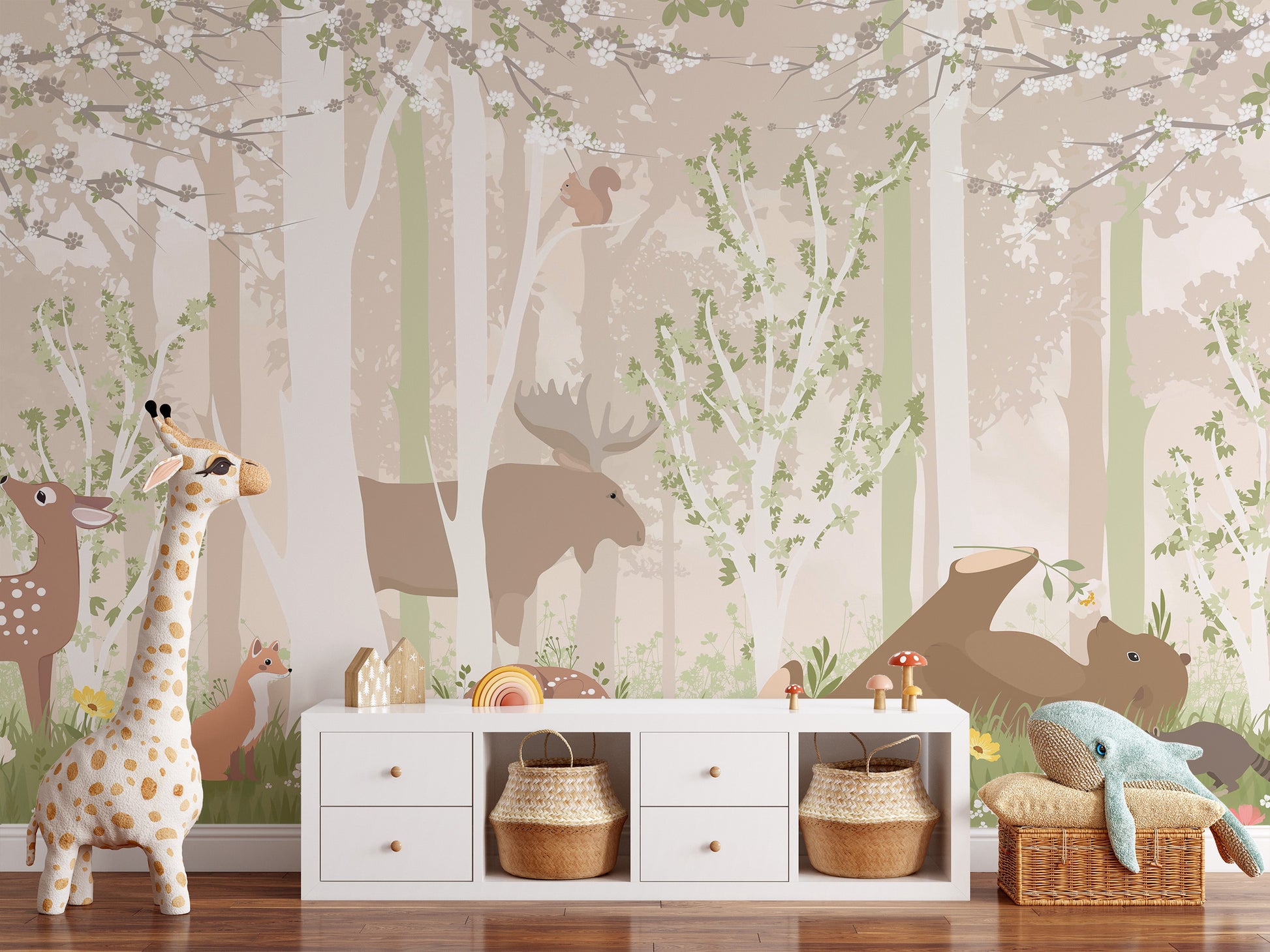 Charming wildlife wallpaper mural with friendly animals
