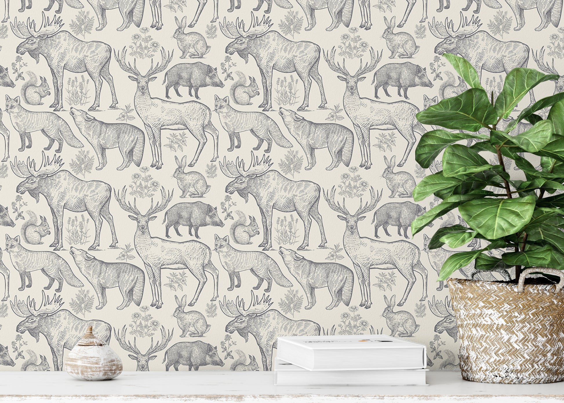 Removable wallpaper with grey animal and plant patterns