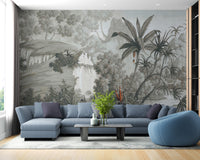 Serene wall mural with monotone woodland art
