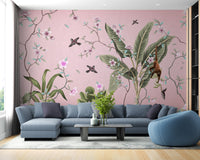 Natural floral charm on wallpaper mural.
