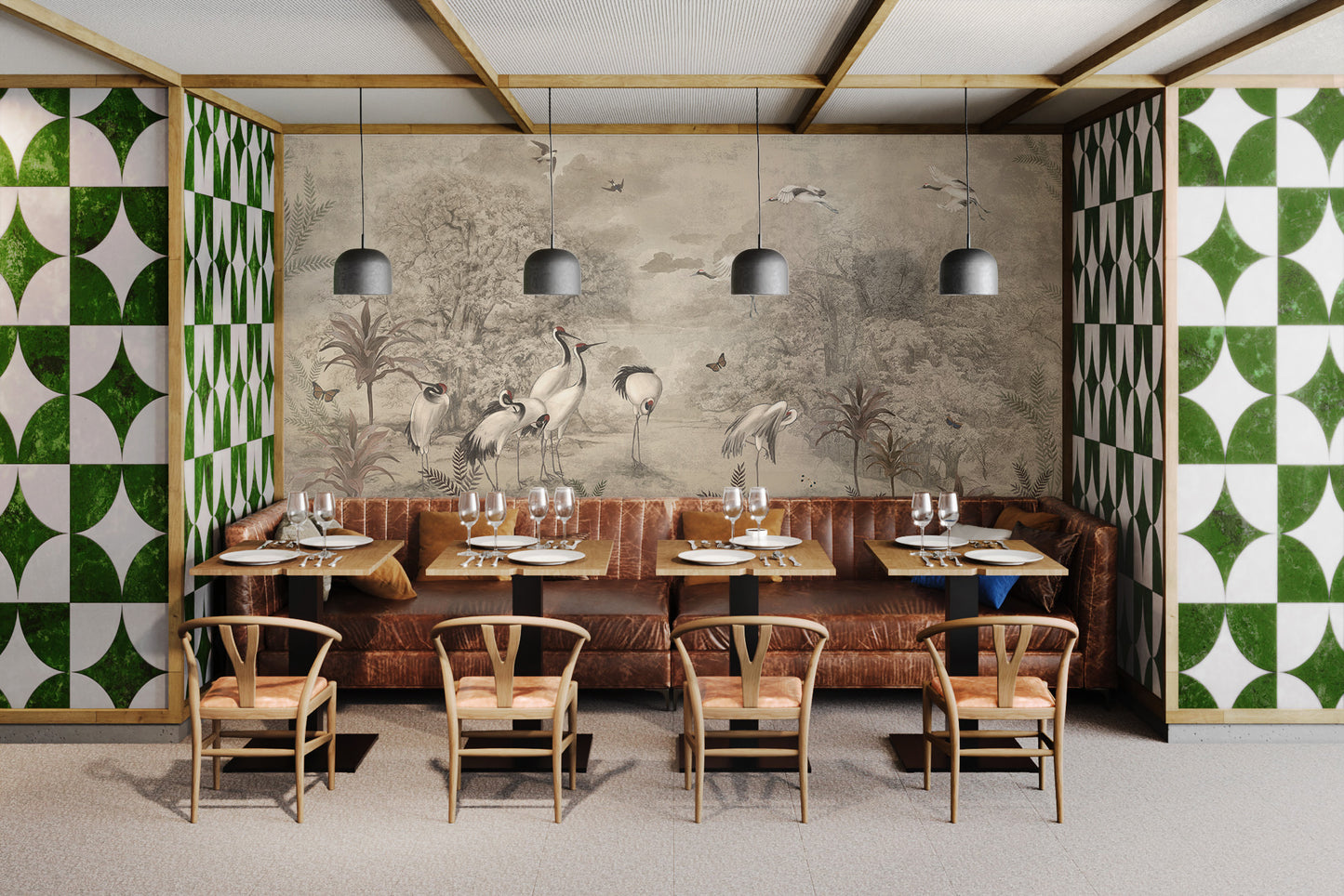 Palm tree and birds in a vintage jungle wall design