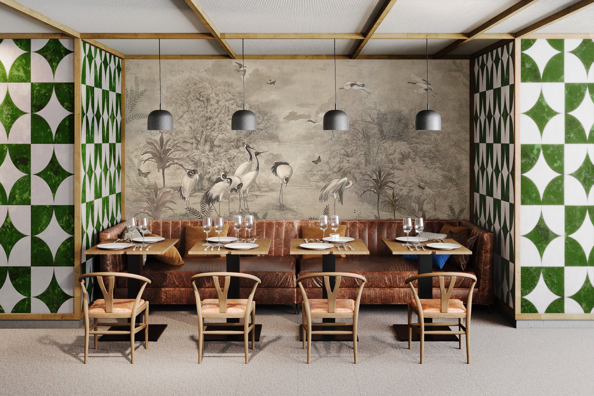 Palm tree and birds in a vintage jungle wall design