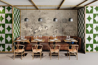 Palm tree and birds in a vintage jungle wall design