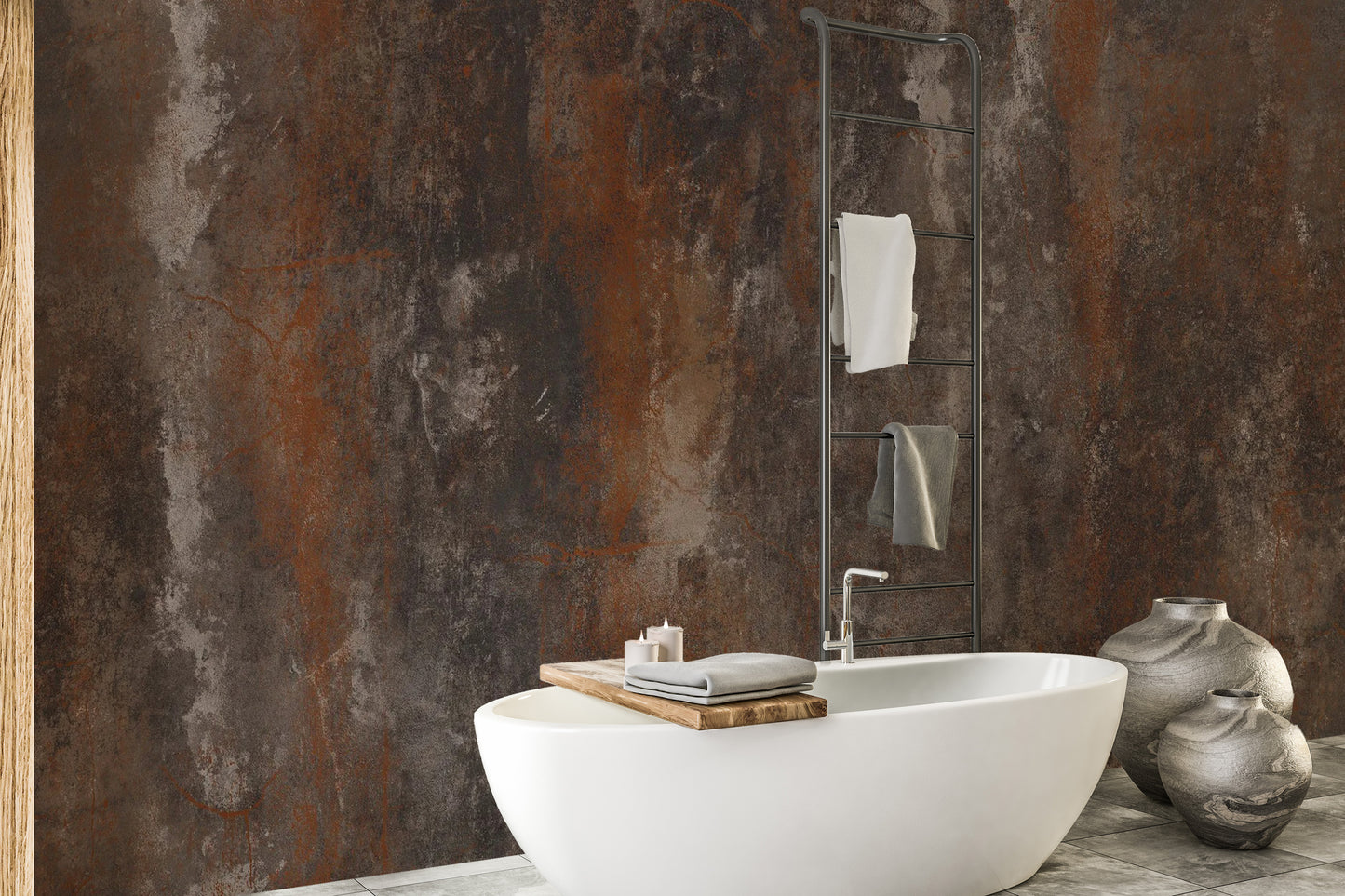 Textured brown metal wallpaper for rustic interior vibes.

