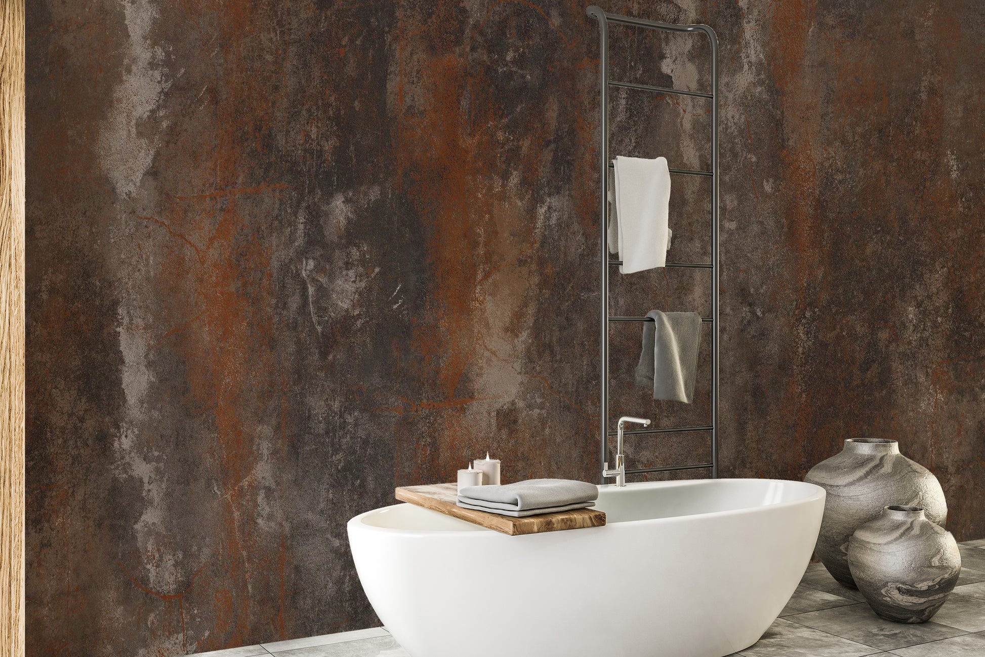 Textured brown metal wallpaper for rustic interior vibes.

