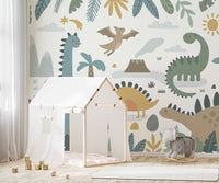 Dinosaur-themed mural with bright colors
