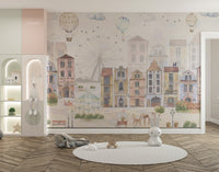 Creative kids room mural with an illustrated old city scene
